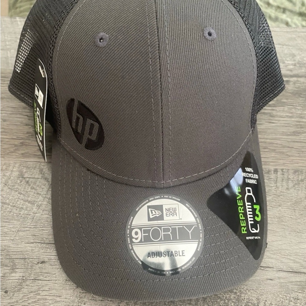 New HP Logo New Era 9FORTY Adjustable Trucker Hat Gray Mesh Repreve Recycled